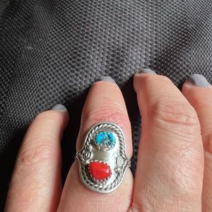 Turquoise and coral silver ring